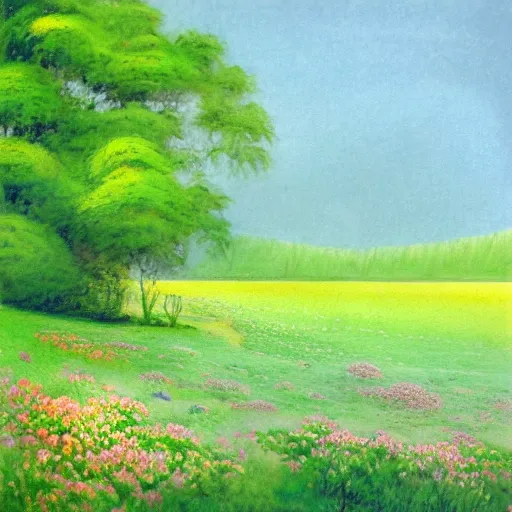 Image similar to A illustration of a beautiful landscape, delicate brushstrokes. peaceful & serene, with a gentle breeze blowing through the trees & flowers. colors are muted & gentle, calm & tranquility. well balanced & harmonious. color & composition, pleasing to the eye & calming to the soul. rainbow by Ed Emshwiller ornamented, exciting