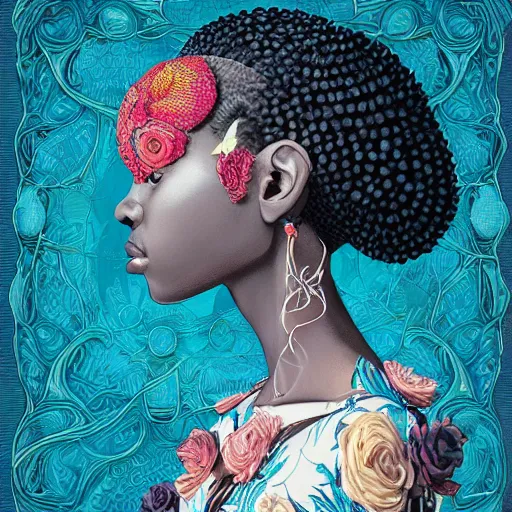 Image similar to the portrait of an absurdly beautiful, graceful, elegant, and sophisticated young black woman made of garlic bulbs, an ultrafine detailed illustration by james jean, intricate linework, bright colors, final fantasy, behance contest winner, vanitas, angular, altermodern, unreal engine 5 highly rendered, global illumination, radiant light, detailed and intricate environment