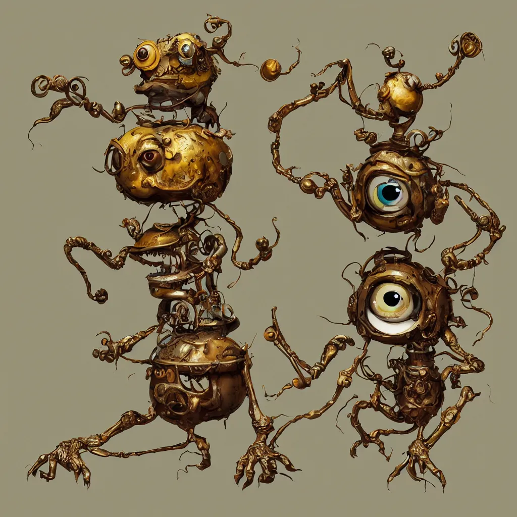 Image similar to , grotesque despair cute monster smooth paneling, one large gold eye intricate detail, style of pokemon, with damaged rusty arms, broken antenna, recycled, floating, white studio, oil, mechanical, toy, ambient light, in the style of pixar animation, pokedstudios, blender, octane render, 8 k, gediminas pranckevicius