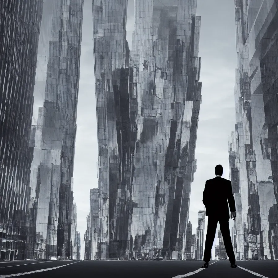 Prompt: surrealist artwork of a man walking down in the middle of the street of a metropolis made of giant mirror skyscrapers, viewed from behind. horizontal symmetry.