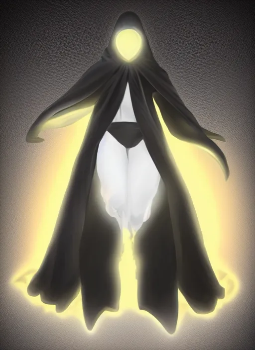 Image similar to character design, black cloaked figure, white glowing eyes