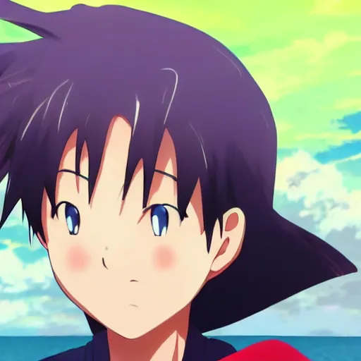 Image similar to Anime boy standing on the beach, smiling at the camera. Blue sky. Anime Still frame.