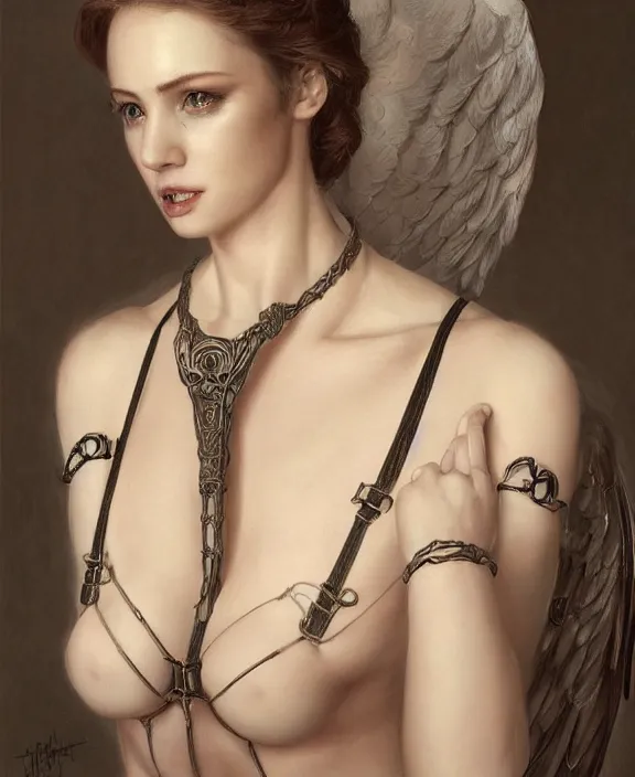 Prompt: a beautiful angelic woman wearing an intricate and detailed bondage suspenders, honey birdette, realistic portrait, highly detailed, digital painting, artstation, concept art, smooth, sharp focus, cinematic lighting, art by john collier, artgerm and greg rutkowski and araki nobuyoshi, anders petersen
