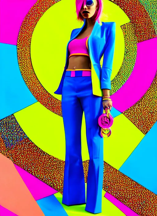 Image similar to bright trouser suit for a rave, bright colors, many details, prints, photo for a magazine, photo for a store, fashion photography, Vogue, 135 mm, cinematic, hyper realism, high detail, 8k, Two models in the frame, dynamic pose,Smooth skin, perfect face