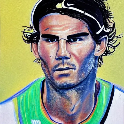 Image similar to a painting on a stand of tennis player nadal