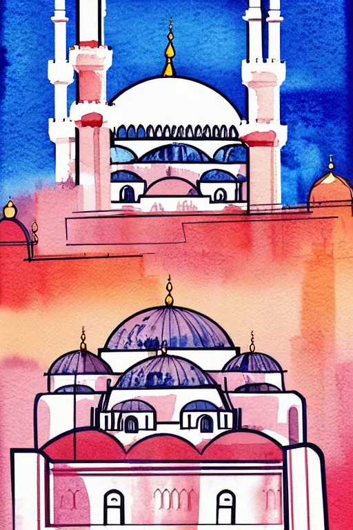 Prompt: minimalist colorful watercolor line art of a mosque in istanbul, art deco, cityscape, matte drawing, poster art