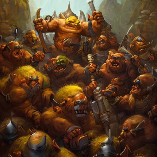 Image similar to battle of trolls orcs goblins dwarfs elves knights, oil painting by justin gerard, deviantart