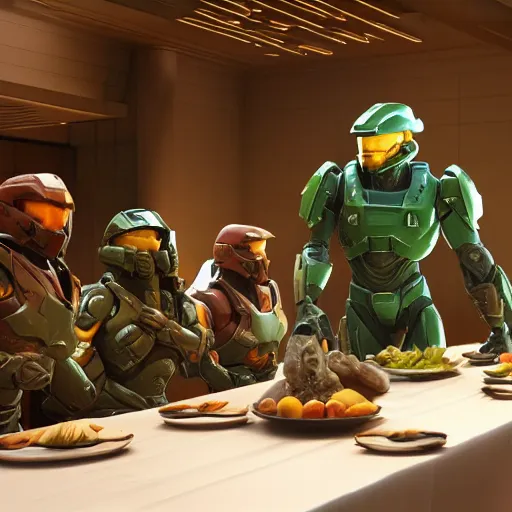 Image similar to master chief from halo sitting next to jesus during the last supper, unreal engine 5