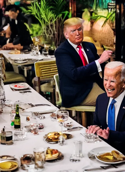 Image similar to Trump and Biden having dinner at a fancy Balinese restaurant, award winning photography, sigma 85mm Lens F/1.4, perfect faces