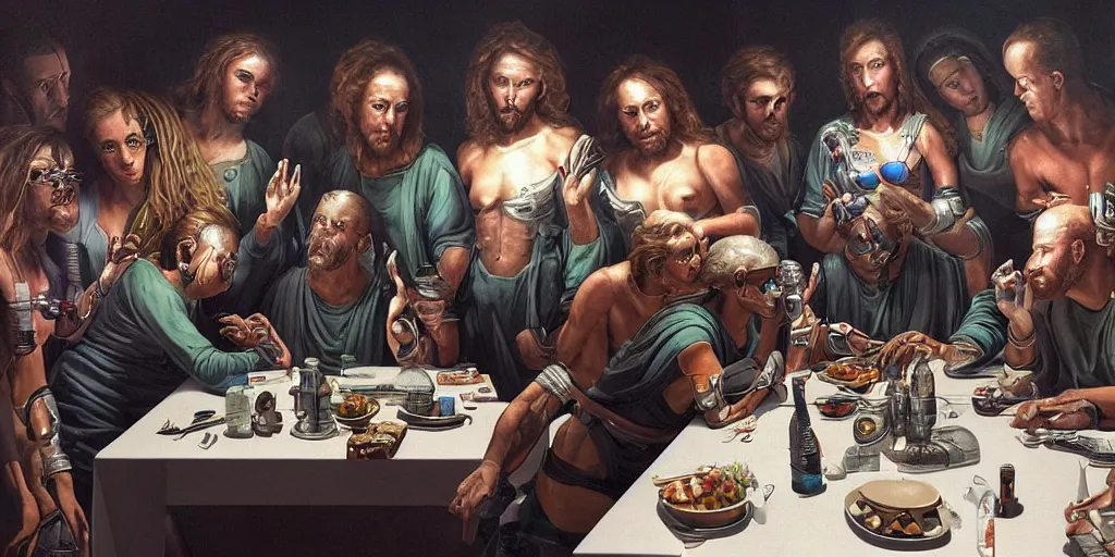 Prompt: !13 diverse cyborgs on !one_side of a reflective !cybernetic table, !!posing_as_last_supper, inticrate detailed glowing implants, !!highly detailed, beautiful lighting