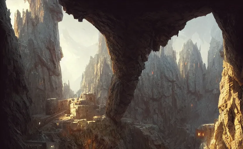 Image similar to cylindrical secret base carved inside a mountain viewed from courtyard below, cozy bed, well maintained, clean, medieval, fantasy genre, natural light, fantasy, natural light, sharp focus, concept art, by greg rutkowski and craig mullins, cozy atmospheric and cinematic lighting, trending on artstation