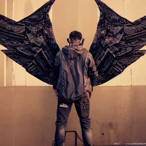 Prompt: man with cybernetic bird wings on his back, highly detailed, mega detailed, photo realistic, cyberpunk,