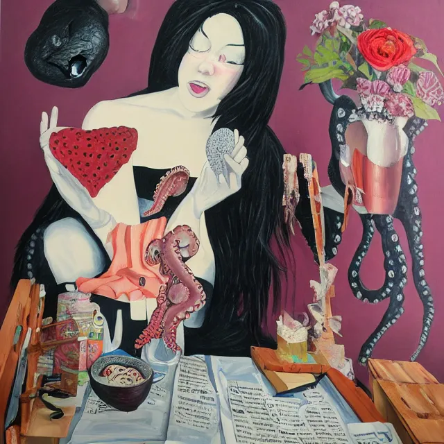 Image similar to a portrait in a female artist's bedroom, black walls, emo girl eating pancakes, sheet music, berries, surgical supplies, handmade pottery, flowers, sensual, octopus, neo - expressionism, surrealism, acrylic and spray paint and oilstick on canvas