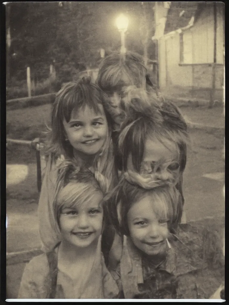 Prompt: two kids posing for a picture at night, god light, small village, town square, vegetation, 1 9 7 0 s, polaroid