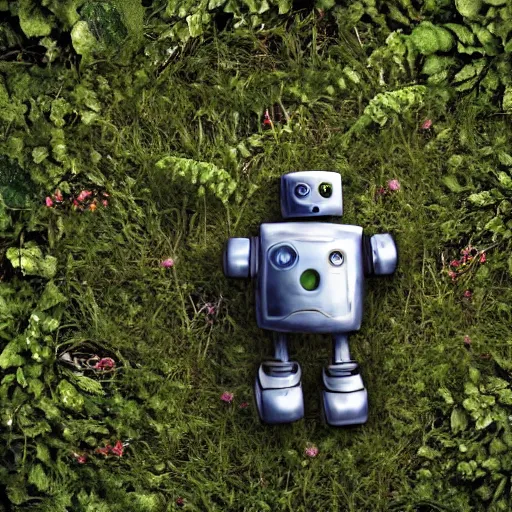 Prompt: A broken robot lays on the ground with plants growing over it, somber,HD, hyper realistic, intricate detail