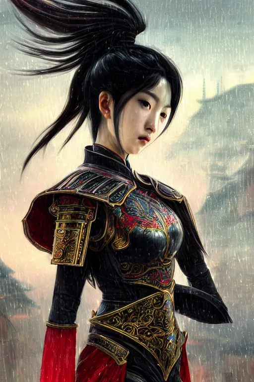 Image similar to portrait black hair young knights of Dynasty Warriors girl, metallic red mirror armor, in ruin chinese temple rooftop heavily rain sunrise, ssci-fi and fantasy, intricate and very beautiful and elegant, highly detailed, digital painting, soft light, artstation, concept art, smooth and sharp focus, illustration, art by tian zi and WLOP and alphonse mucha