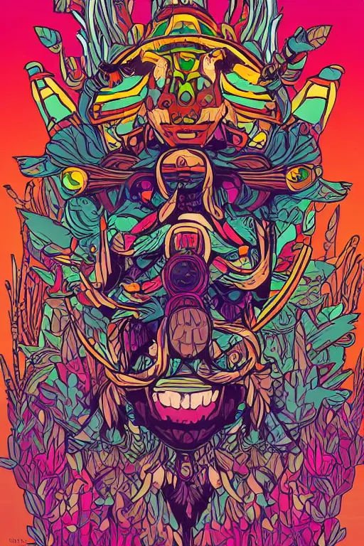 Image similar to animal mask totem roots flower tribal feather gemstone plant wood rock shaman vodoo video game vector cutout illustration vivid multicolor borderlands comics by josan gonzales and dan mumford radiating a glowing aura