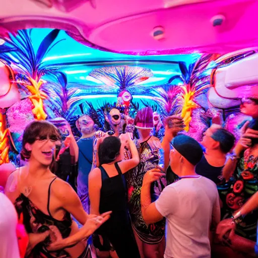 Prompt: vice media photo, inside a crowded luxury stylish high-end gorgeous intricate highly-themed synthwave tiki party onboard a yacht with low ceilings, tropical plants, neon lights, blue color scheme with pink and orange accents, crowd of people dancing, ultra-detailed, 8k, photorealistic