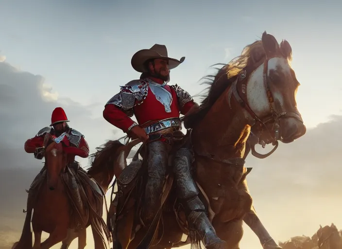 Image similar to cinematic shot of cowboy outriders on horseback wearing silver suits of armor and cowboy hats fighting in battle against enemies that are wearing red armor by Greg Rutkowski, 4k, masterpiece