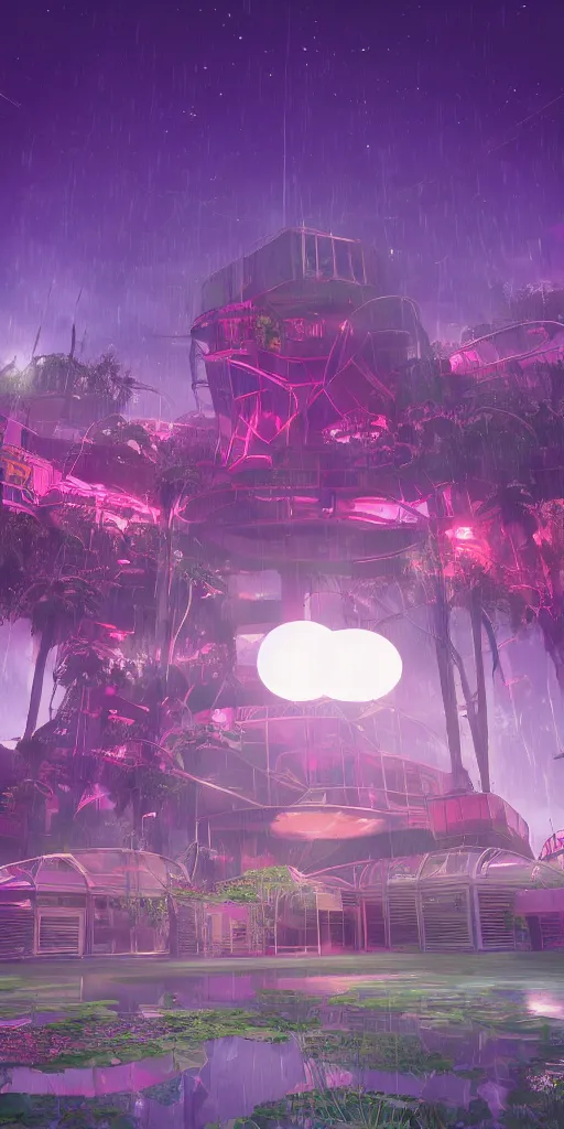 Image similar to humongous technologic flower house on a dusky planet, spooky, retrowave, art by warner bros, smooth, cinematic, wet reflections, ray tracing x, rtx, smooth