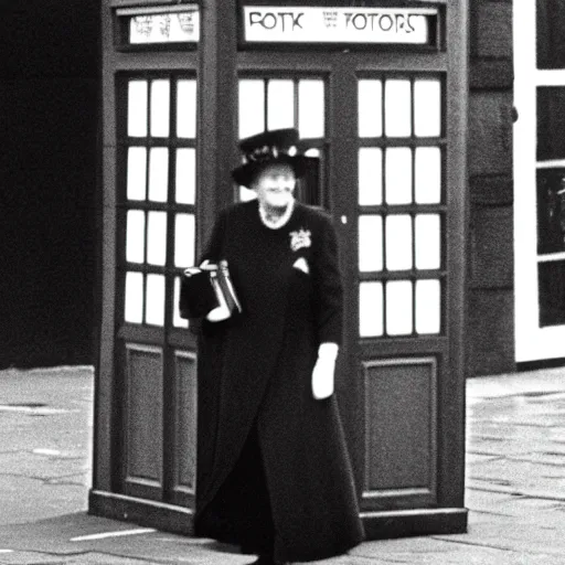 Image similar to 35mm Photograph of Queen Elizabeth II stepping out of the Tardis on a dark rainy London street