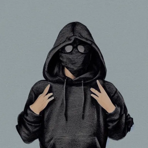 Prompt: a 1 5 year old in a black hoodie with the hood on his head wearing black pants and shoes and round sunglasses and a black mask, intricate details, concept art, fancy, muted colors