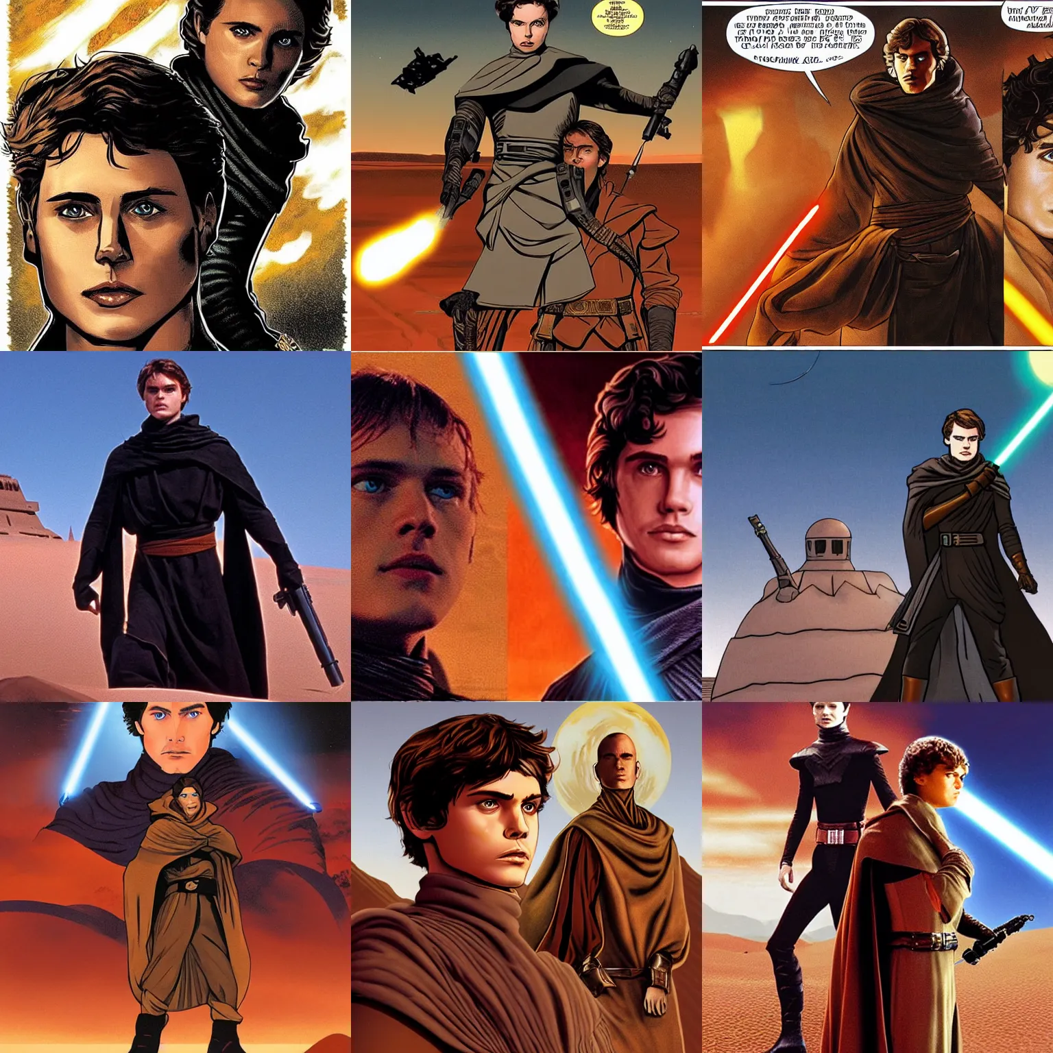 Prompt: paul atreides versus anakin skywalker on arrakis