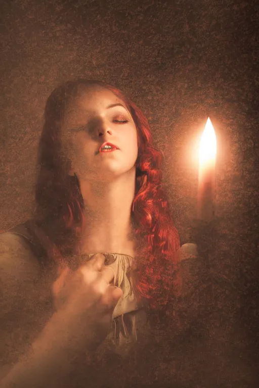 Prompt: baroque gothic woman lit by a single candle, 4 k resolution, concept art, mist, autumnal, chiaroscuro,