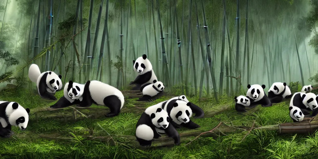 Image similar to a group of pandas doing research and scientific experiments on a spaceship crash site in a bamboo forest at daytime, matte painting, trending on artstation