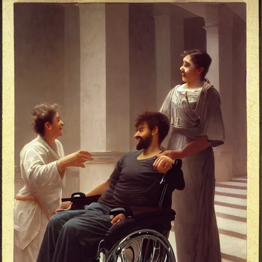 Image similar to a male patient in a wheelchair in the hospital with his wife and son standing by. happy, cheerful, smiling, intricate, face enhance, sharp focus, cinematic lighting, featured in artistation, 8 k, art by greg rutkowski, william adolphe bouguereau