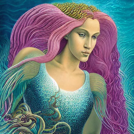 Image similar to intricate detail, gilbert williams and sandro botticelli portrait of tan sumerian mermaid goddess atargatis, princess intergalactica, with aqua neon rapunzel dreadlocks adorned in seashells, near crystal temple in atlantis, iridescent dolphins swimming in the sea, unicorn flying in the sky, paleozoic atlantis