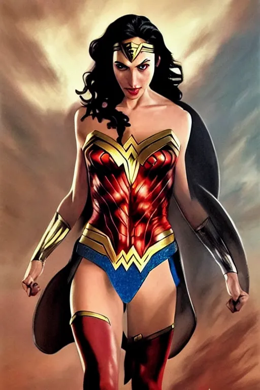 Image similar to Gal Gadot as Wonder Woman with athletic body, painting from Kingdom Come Alex Ross