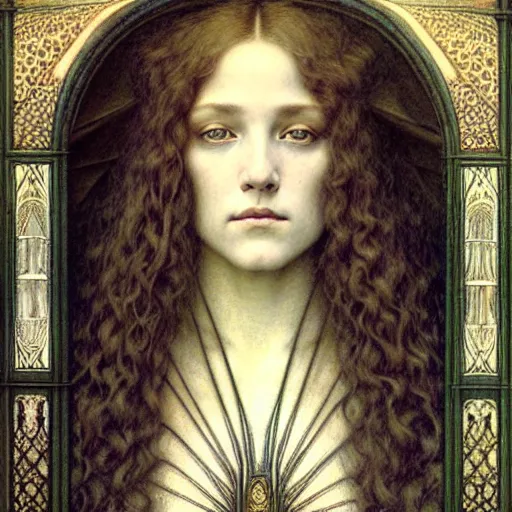 Image similar to detailed realistic beautiful young medieval queen face portrait by jean delville, gustave dore and marco mazzoni, art nouveau, symbolist, visionary, gothic, pre - raphaelite. horizontal symmetry