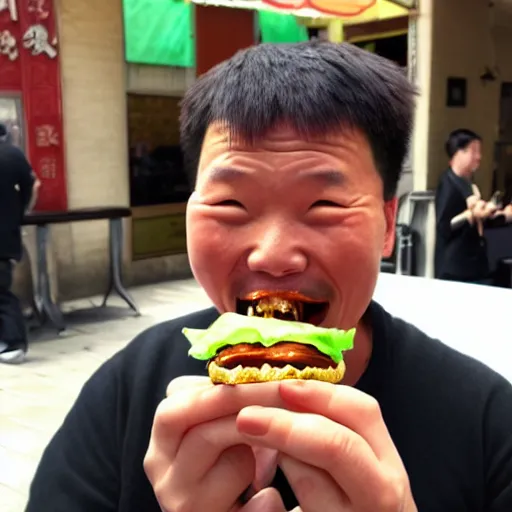 Image similar to a photo of a ecstatic man from qing empire eating a hamburger, award winning photo, high quality