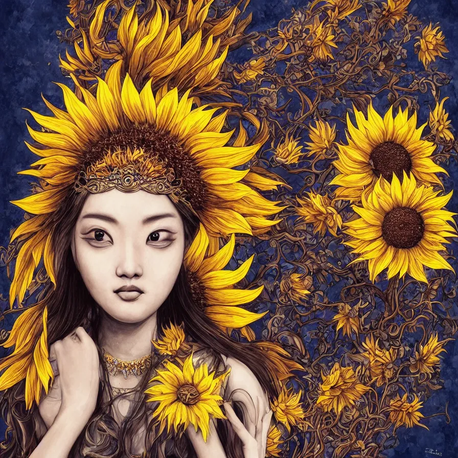 Image similar to The beautiful sunflower Chinese goddess-queen and her eyes burning with fire, she wears an helianthus crown and a black, brown and yellow dress, colourful artwork, indigo background, surreal, dramatic lighting, face, detailed, intricate, elegant, highly detailed, digital painting, artstation, concept art, smooth, sharp focus, illustration, art by Sam Spratt, Dan Mumford, Artem Demura and Alphonse Mucha