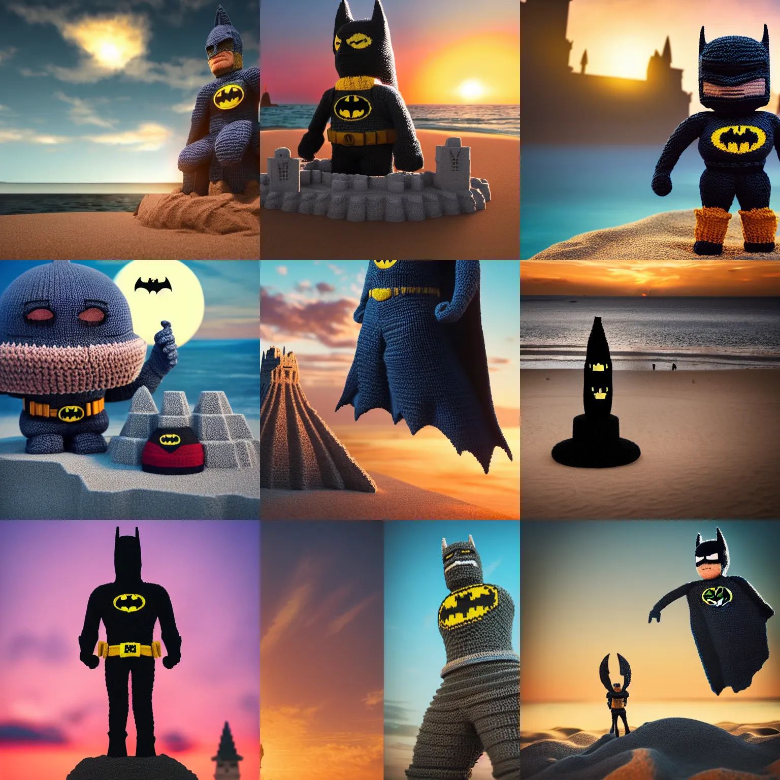 Prompt: a large knitted batman next to sand castle during sunset at the beach Trending on artstation, featured on Behance, well-rendered, Unreal Engine, 4K HD