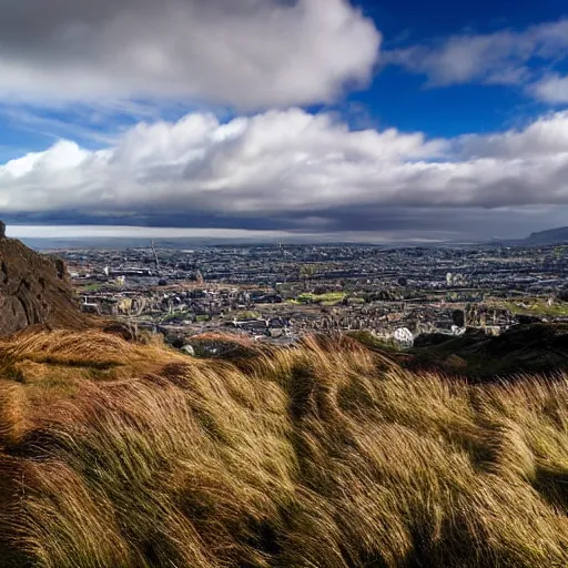 Image similar to arthur's seat, edinburgh, wind - swept scottish landscape, master artist style