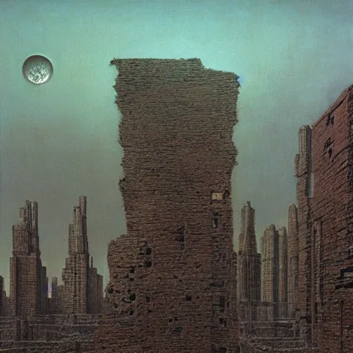 Prompt: crumbling city in background, zdzislaw beksinski