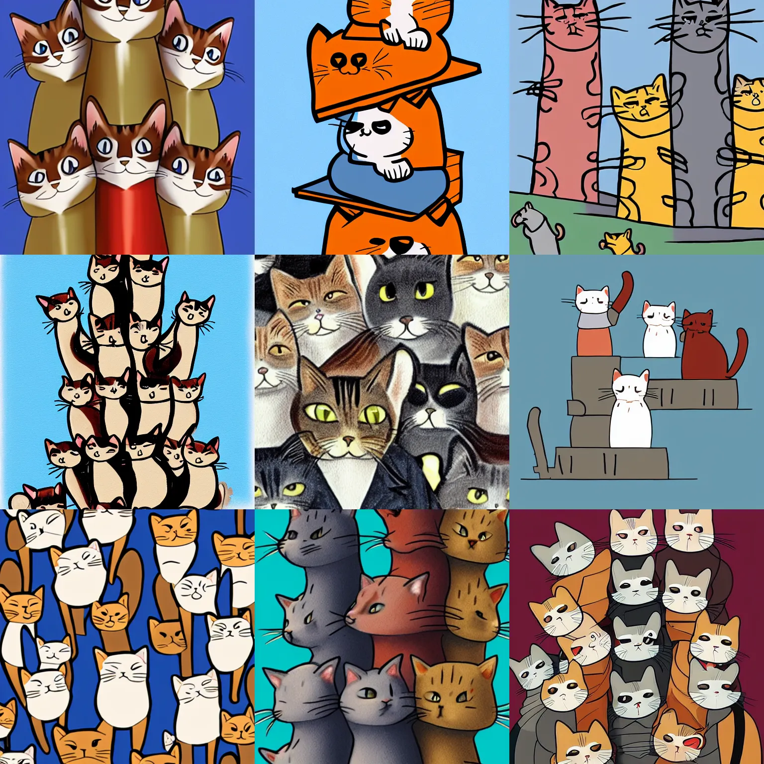 Prompt: A stack of cats standing on each others shoulders in a trenchcoat, cartoon