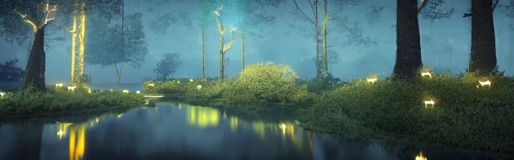 Image similar to fantasy forest of glowing trees and glowing flying insects, a lake reflecting the lights, myst on the air, cinematic feel, hyper realistic, high detail, blender render .