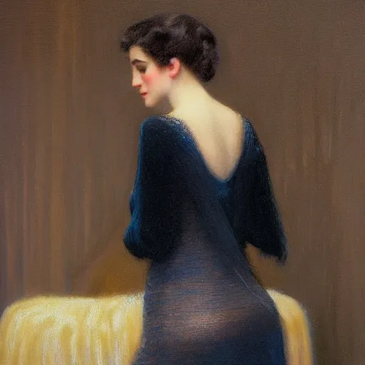 Image similar to a true-to-life portrait of a lady wearing backless sweater, painted by Delphin Enjolras, real-life accurate, photoshoot