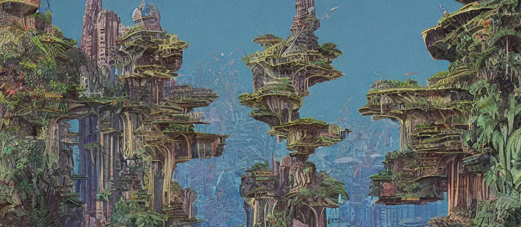 Image similar to huge gargantuan angular dimension of pagoda liminal spaces, temples by escher and ricardo bofill. utopian singaporean landscape by roger dean. magical realism, surrealism, lush sakura trees, waterfalls, thunder, lightning, cyberpunk, shot from below, epic scale