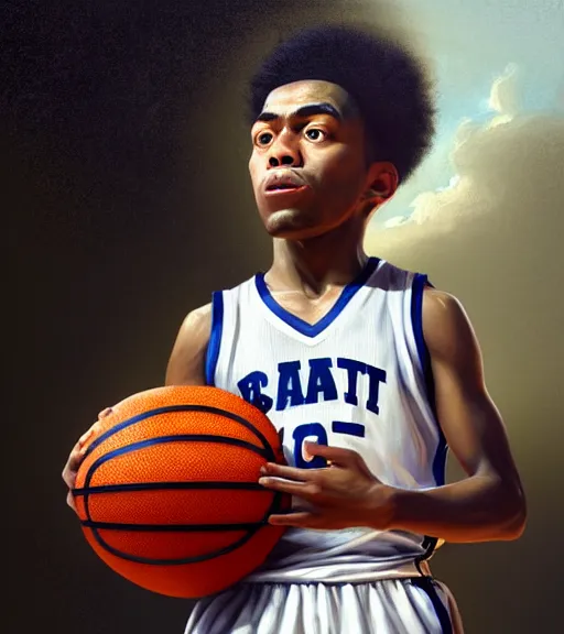 Image similar to portrait of a boy at a basketball court playing basketball wearing a basketball uniform in a basketball court standing near the basketball hoop, painted in 1776, intense emotion, detailed facial expression, detailed surroundings, intricate, elegant, highly detailed, centered, digital painting, artstation, concept art, smooth, sharp focus, illustration, WLOP