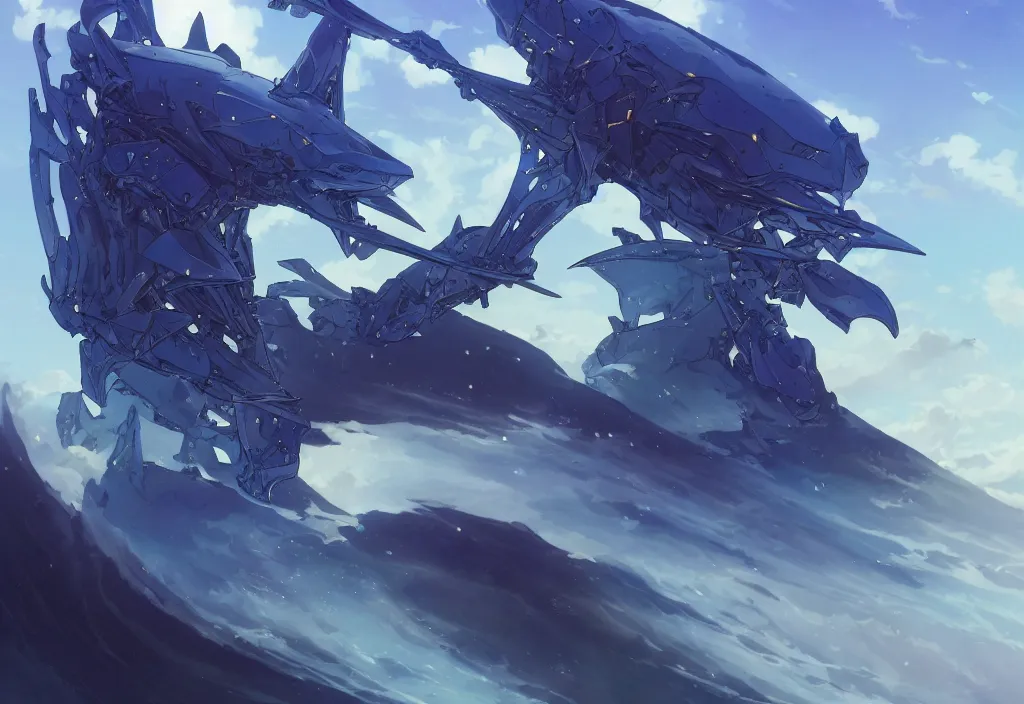 Image similar to close up of a extremely beautiful and aesthetic mech armor witch holding a symmetrical trident, highly detailed face, attractive symmetrical eyes, back shark fin, big wave horizon, dynamic model pose, slightly smiling, blue sky, big blade whale and black giants mech minotaurus, epic scene, fantasy illustrations, by makoto shinkai and peter mohrbacher and ferdinand knab