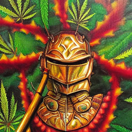 Prompt: a high detailed oil painting of a full armored knight sitting in a cannabis field. trending on artstation. fractal patterns. colorful