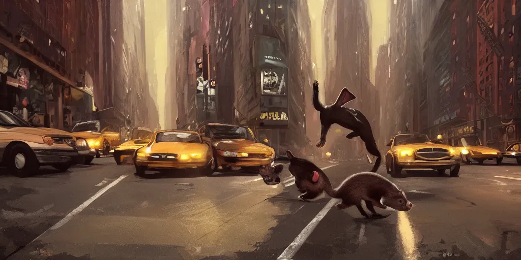 Image similar to a ferret is chasing a rabbit through the streets of new york, warm color palette, night time, dramatic lighting, noir film, fine details, high contrast, blacksad, kim jung gi, greg rutkowski, trending on artstation, 8 k, ultra wide angle