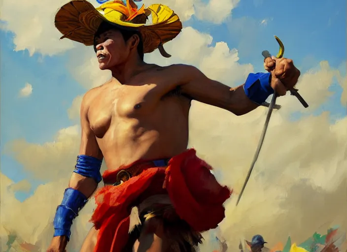 Image similar to greg manchess portrait of a filipino fighting wearing a jester hat in a victorious pose in an arena, organic painting, sunny day, matte painting, bold shapes, hard edges, street art, trending on artstation, by huang guangjian, gil elvgren, ruan jia, randy vargas, greg rutkowski