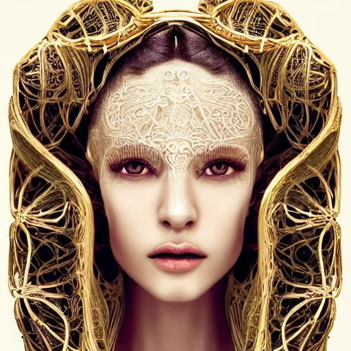 Prompt: very beautiful woman, full face frontal centered, portrait, detailed intricate symmetrical ornate neon cables connected to head, clear lips, luxurious long hair, sophisticated abundent wiring and implants, translucent, porcelain, fractal, sci - fi, golden, dramatic lighting, photography, highly detailed, trending on artstation, deviantart, 8 k, by chie yoshii
