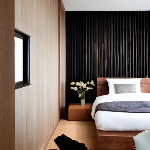 Image similar to bedroom, stone, interior design, stylish luxury hotel bedroom design, yakisugi, black vertical slatted timber, textures, feminine, black walls, art, vase with flowers, Japanese influences