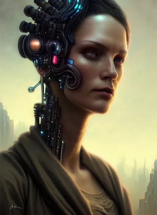 Prompt: closeup portrait shot of a cyberpunk female in a scenic dystopian environment, intricate, elegant, highly detailed, centered, digital painting, artstation, concept art, smooth, sharp focus, illustration, artgerm, tomasz alen kopera, peter mohrbacher, donato giancola, joseph christian leyendecker, wlop, boris vallejo